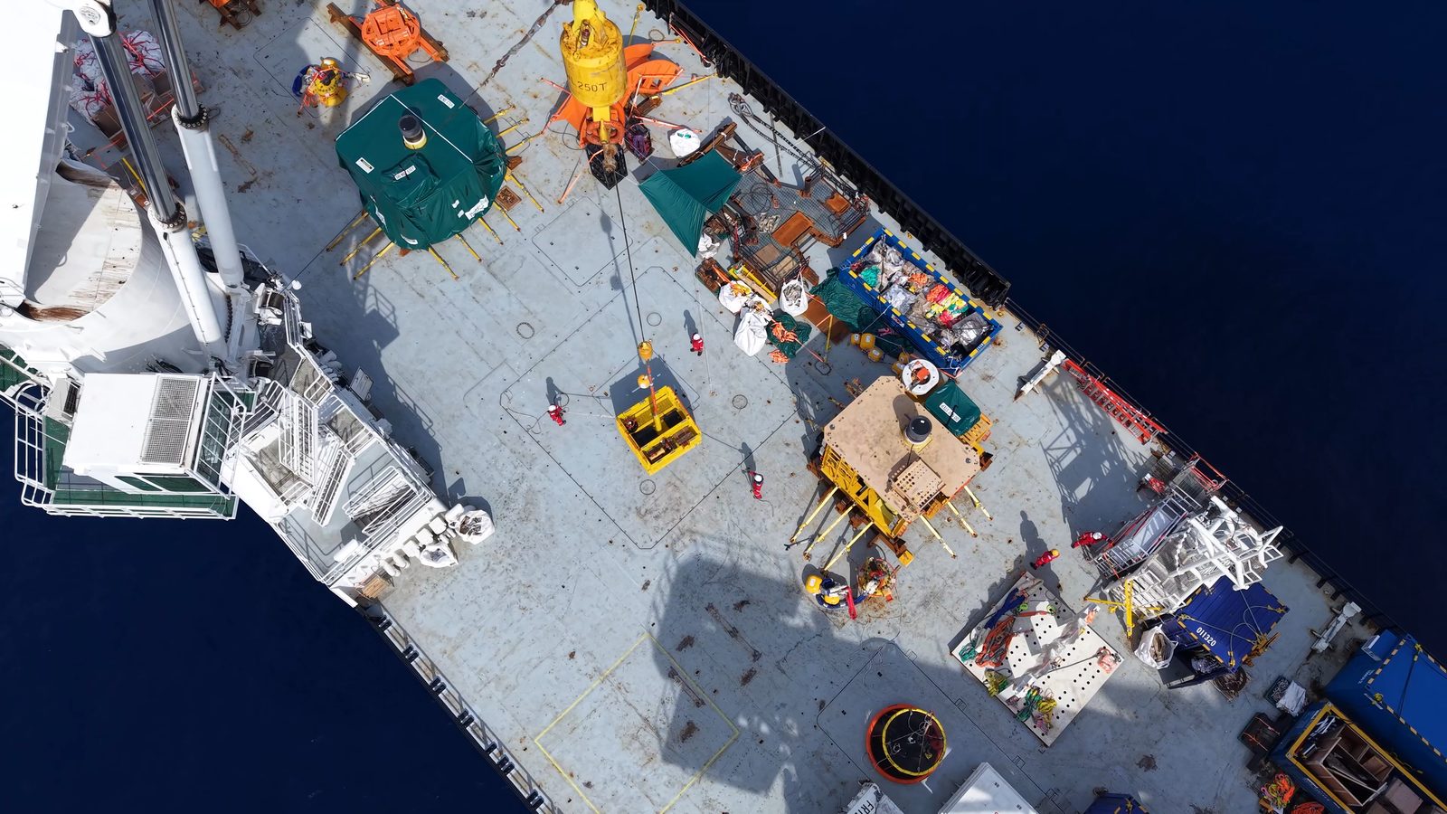 Aerial view of an offshore back deck during a lift